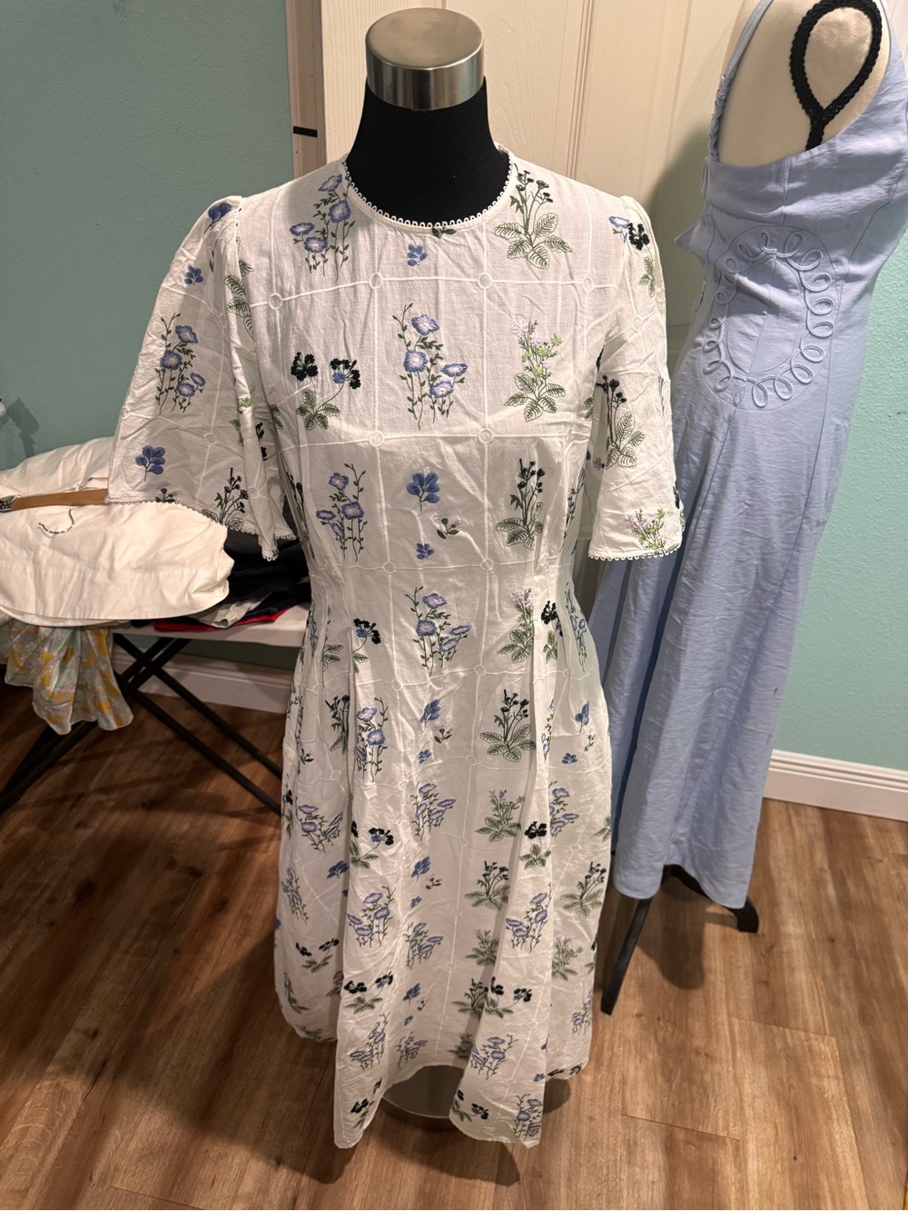 Pearl By Lela Rose Voile  White Midi Dress with Blue and Green Floral Embroidery